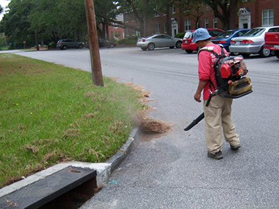 Person blowing grass clippings with a leaf blower