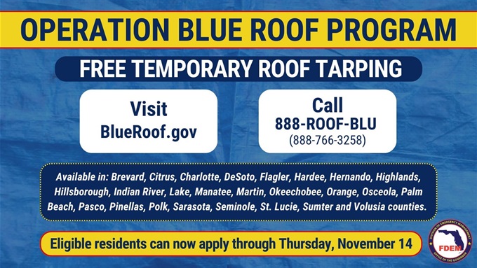 Operation Blue Roof Program banner: Free Temporary Roof Tarping eligible for residents through Thursday, November 14, 2024. Apply by visiting BlueRoof.gov or by calling 888-766-3258.