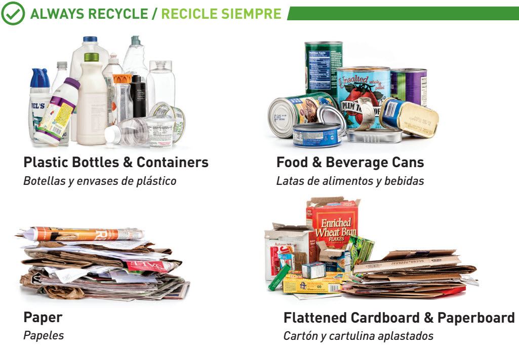 Always Recycle: plastic bottles and containers, food and beverage cans, paper, and flattened cardboard and paperboard