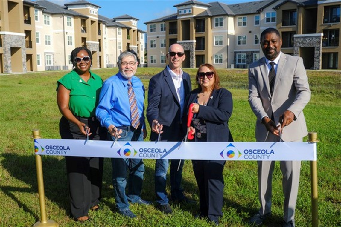 Cameron Preserve Phase 2 Ribbon Cutting ceremony - (Left to Right) Assistant County Manager Celestia McCloud, Ron Lieberman, Steve Auger, Birdsong Housing Partners, Osceola County Commissioner Viviana Janer and David Hall