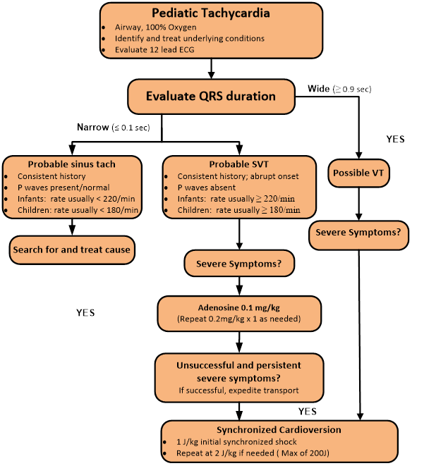 Identify and treat underlying conditions, check airway, 100% oxygen, and evaluate 12 lead ECG for Pediatric Tachycardia. If evaluated QRS duration is Narrow (less than or equal to0.1 sec) there are two reasonings: Probable sinus tach (Consistent history, P waves present/normal, rates usually < 220/min in infants and <180/min in children) and should search and treat cause. Probable SVT (Consistent history; abrupt onset, P waves absent, rates usually greater than or equal to 220/min in infants and greater than and equal to 180/min in children. With Probable SVT, if there are severe symptoms: administer Adenosine 0.1mg/kg (Repeat 0.2ng/kg x 1 as needed). Synchronized Cardioversion 1 J/kg initial synchronized shock – repeat at 2 J/kg if needed (Max of 200J). If sever symptoms are successful, expedite transport. Additionally, if evaluated QRS duration is Wide (greater than or equal to 0.9 sec) and there are possible VT and severe symptoms), Synchronized Cardioversion 1 J/kg initial synchronized shock – repeat at 2 J/kg if needed (Max of 200J). If sever symptoms are successful, expedite transport.